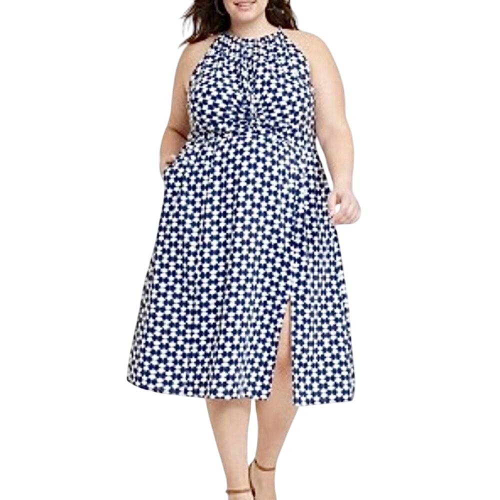 Halter Midi Dress Size 2X Blue Geometric Linen Blend Pockets Beachy Coastal